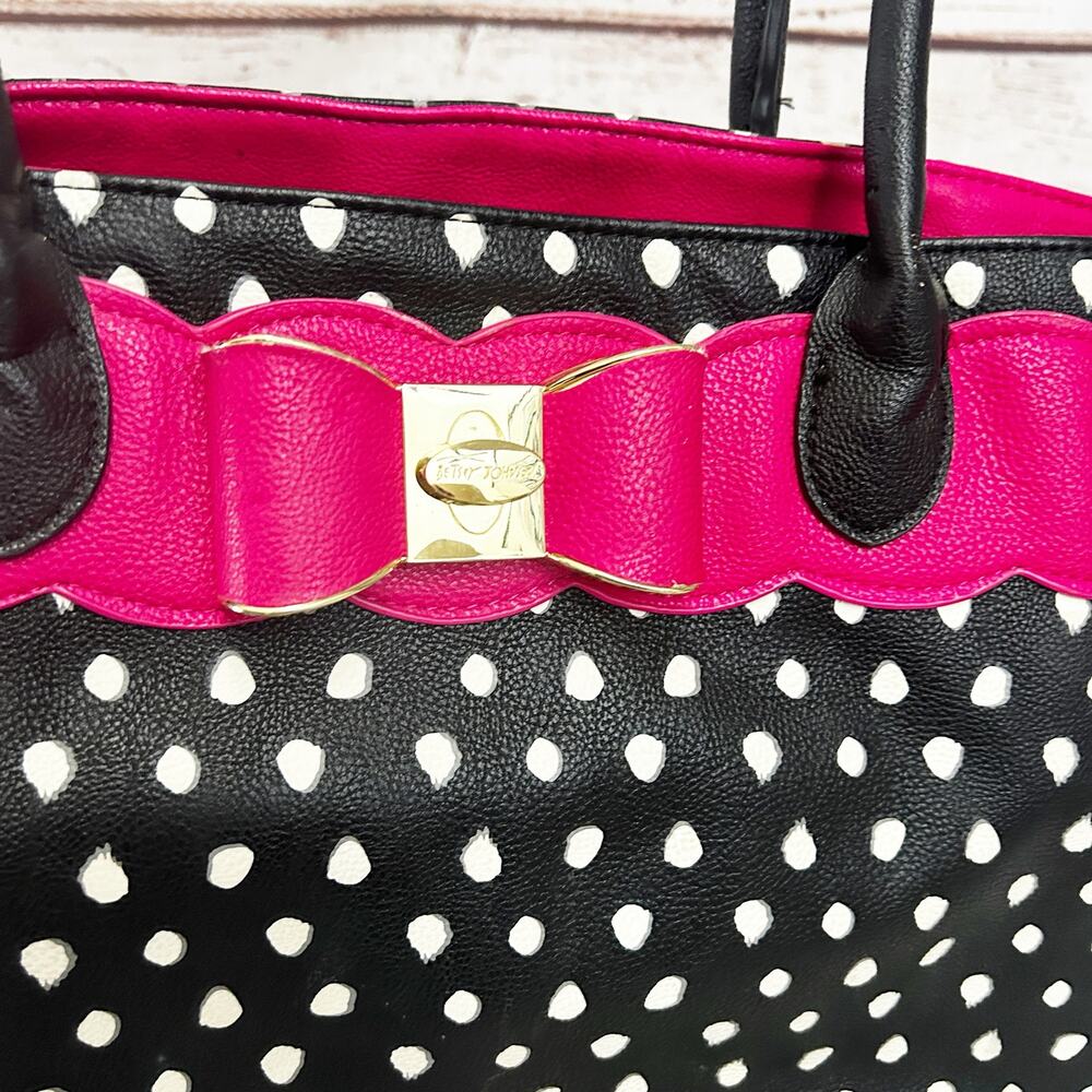 BETSEY JOHNSON Black White Polka Dot Tote Bag Pink Scalloped Trim Bow Large - Picture 2 of 12